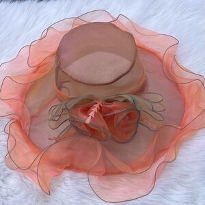 Unbranded Beautiful Peach Colored Ruffled, Floral Embellished‎ Derby Hat -- OS